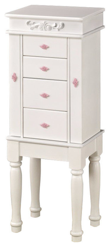 Dazzling Jewelry Armoire With Felt Lined Doors And Drawers, White
