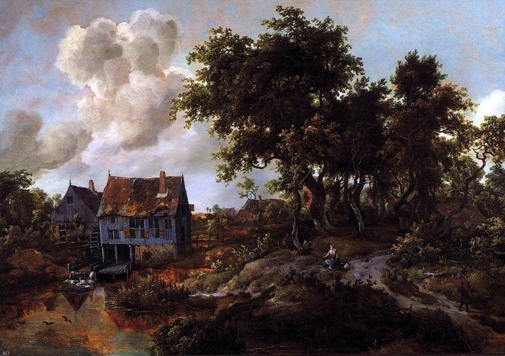 Meyndert Hobbema A Watermill beside a Woody Lane Gallery Wrapped Canvas Print
