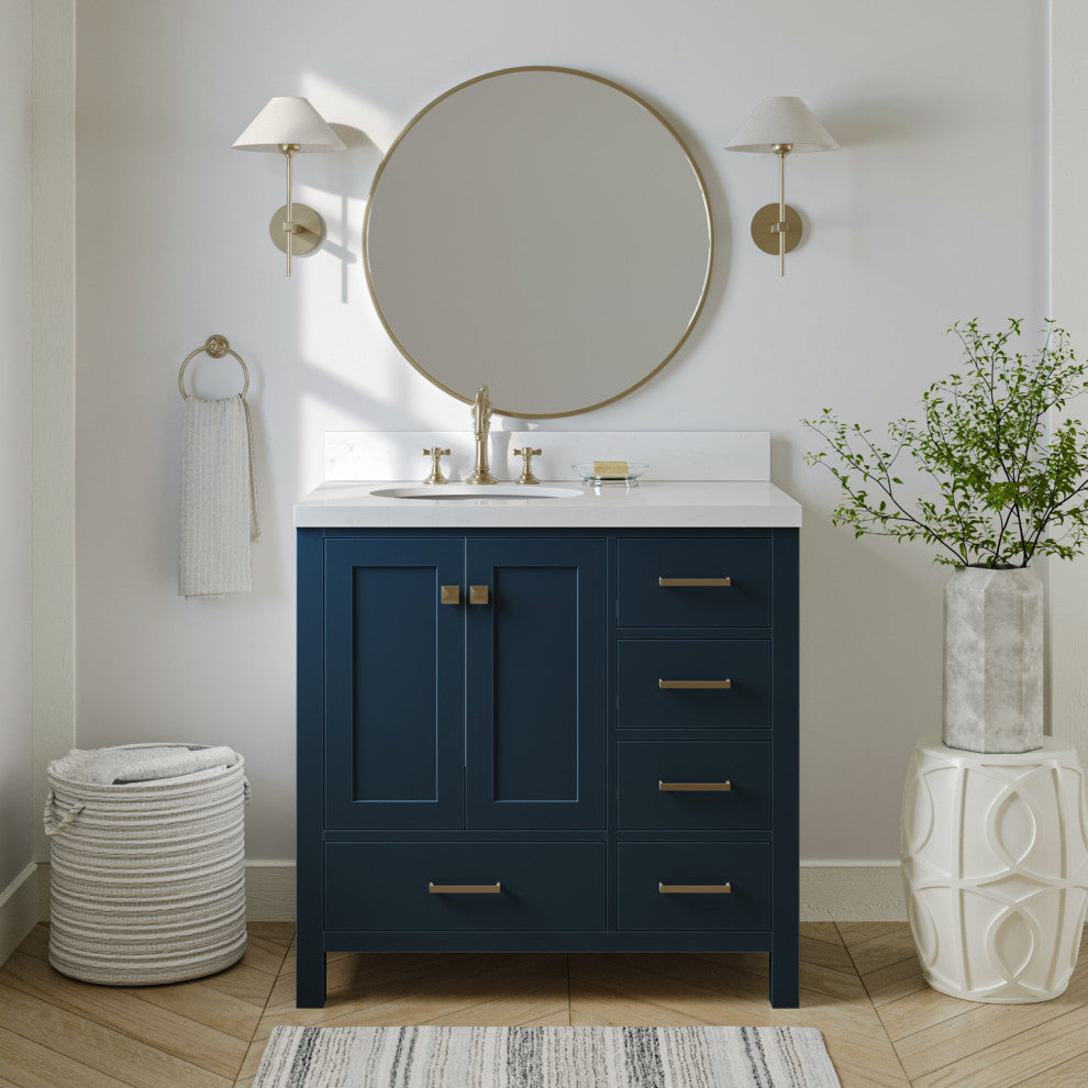 Ariel Cambridge 36" Left Offset Single Oval Sink Vanity, Carrara Quartz, Midnight Blue