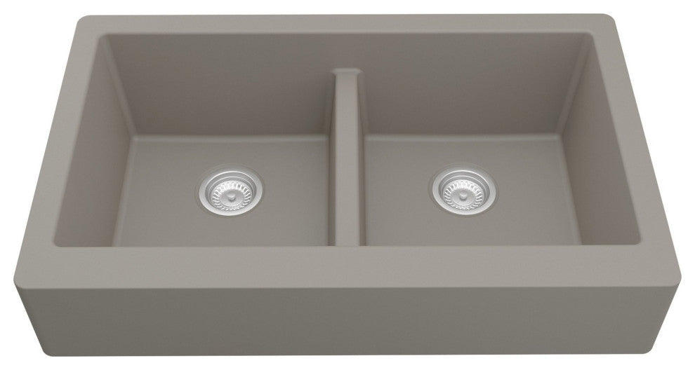 Karran Retrofit Farmhouse Quartz 34" Double Bowl Sink Kit, Concrete