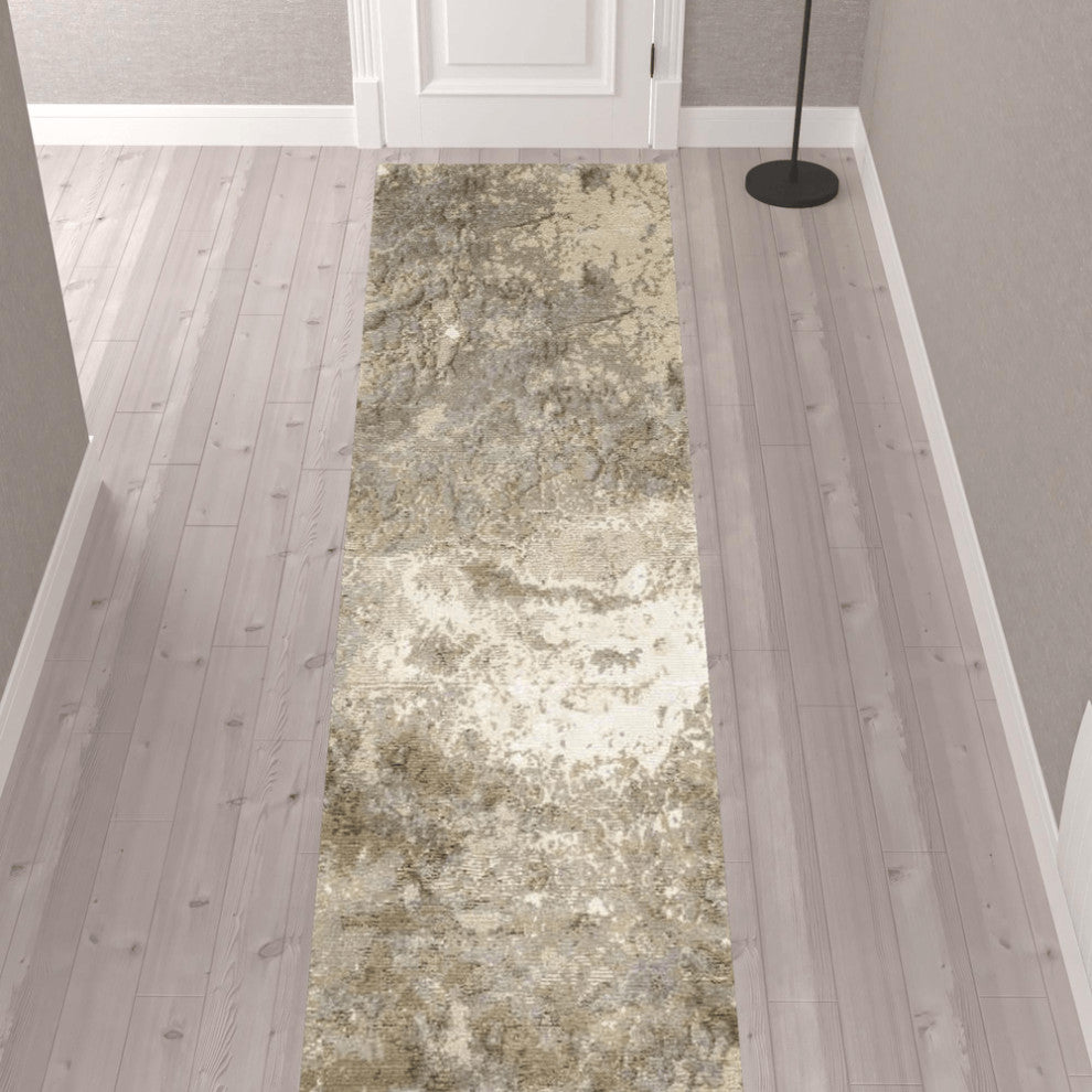 12' Runner Grey Beige and Ivory Abstract Power Loom Runner Rug