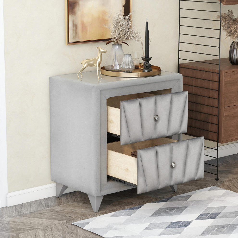 2-Drawer Wood Nightstand with Velvet Fabric and Glass Worktop, Silver Gray