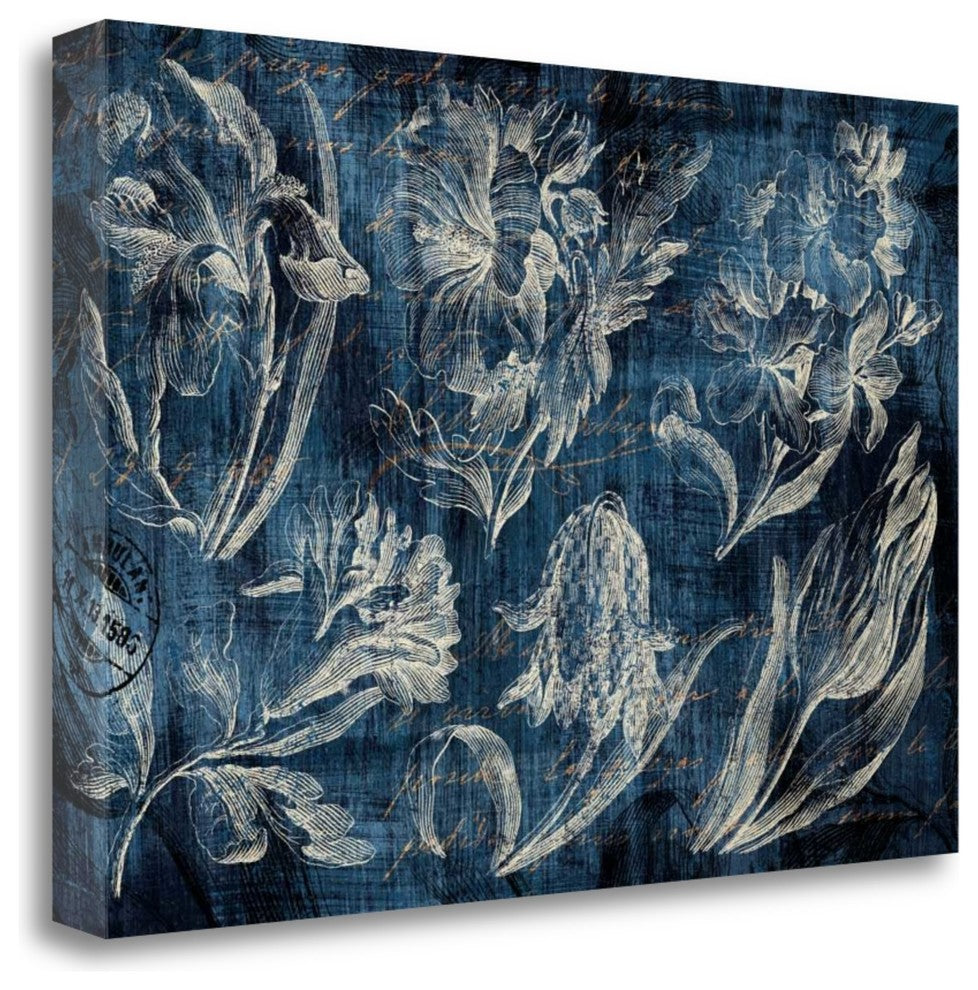 "Vintage Tulip Floral Etching Indigo" By Wild Apple, Gallery Wrap Canvas