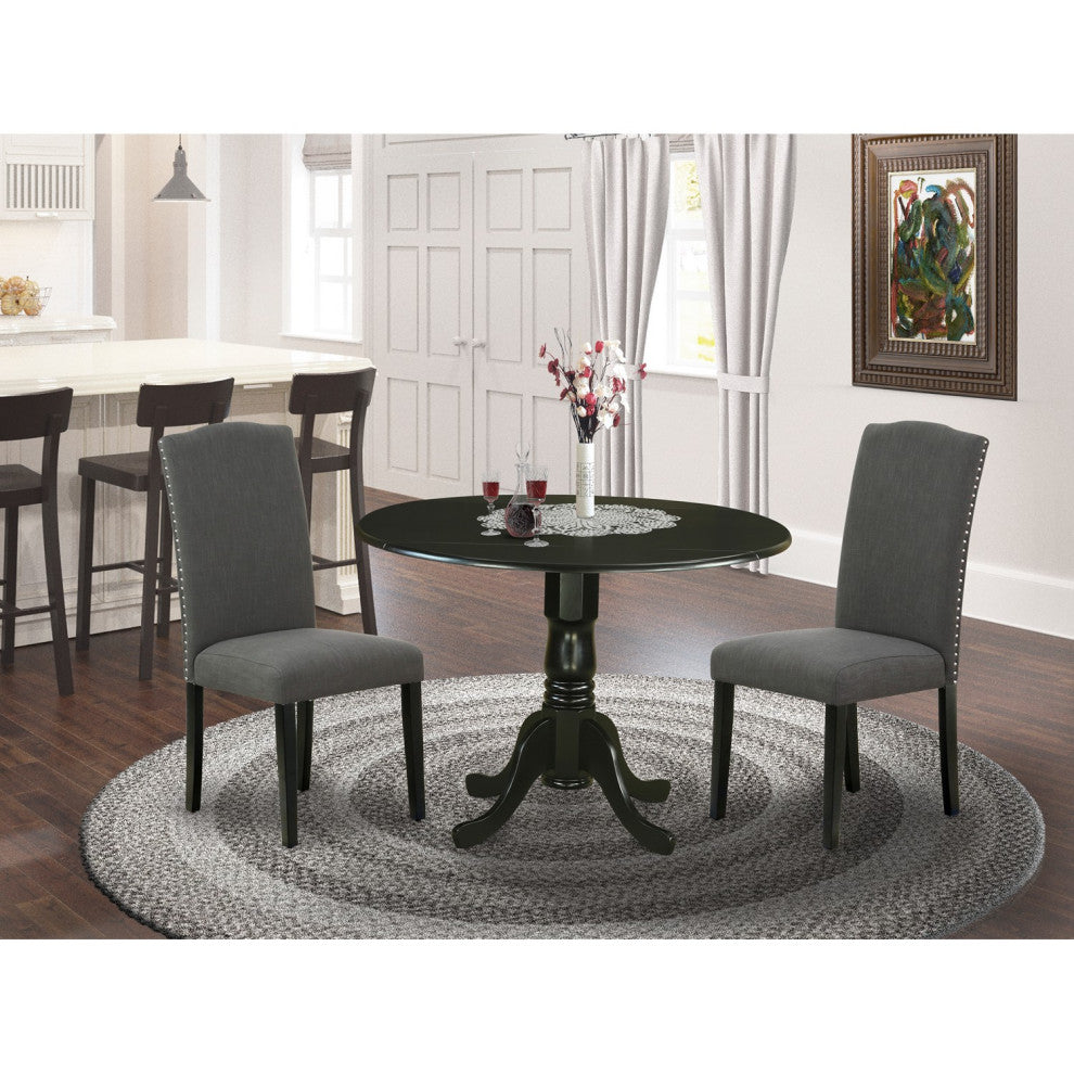 3Pc 42" Dining Table, Two 9"Drop Leaves, Two Chair, Black Leg, Dark Gotham Grey