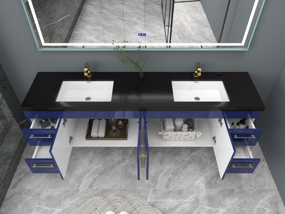 Rosa 84" Wall Mounted Modern Vanity, High Gloss Night Blue, Matt Black Top
