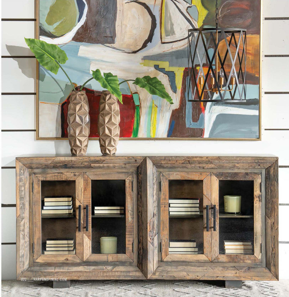 Hughes Sideboard Natural Finish On Reclaimed Wood With Plain Glass 4 Door