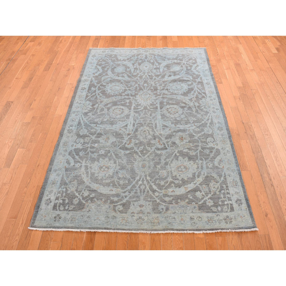 Arctic Blue, Silver Wash Peshawar, Hand Knotted, Pure Wool, Rug, 5'9"x9'