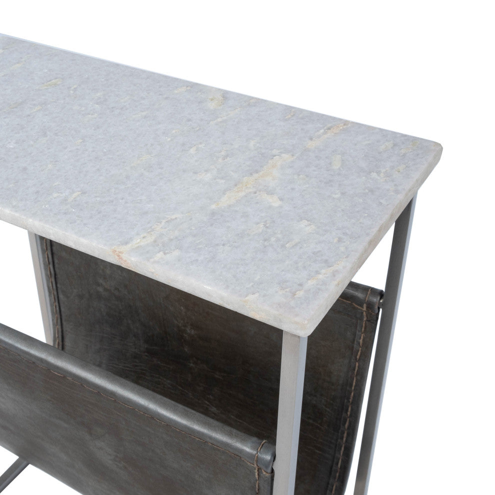 Edie Marble and Leather Magazine Side Table, Off-White