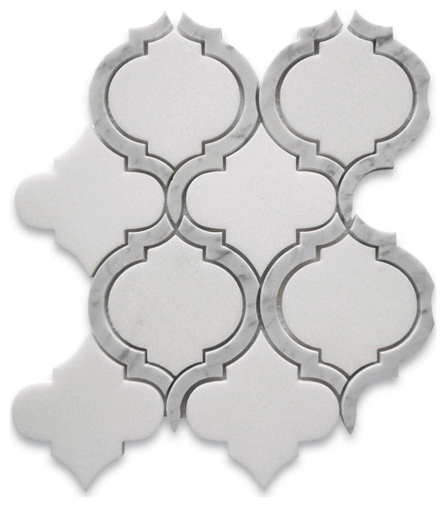 Thassos White Marble Arabesque Baroque Lantern Waterjet Tile Honed, 1 sheet