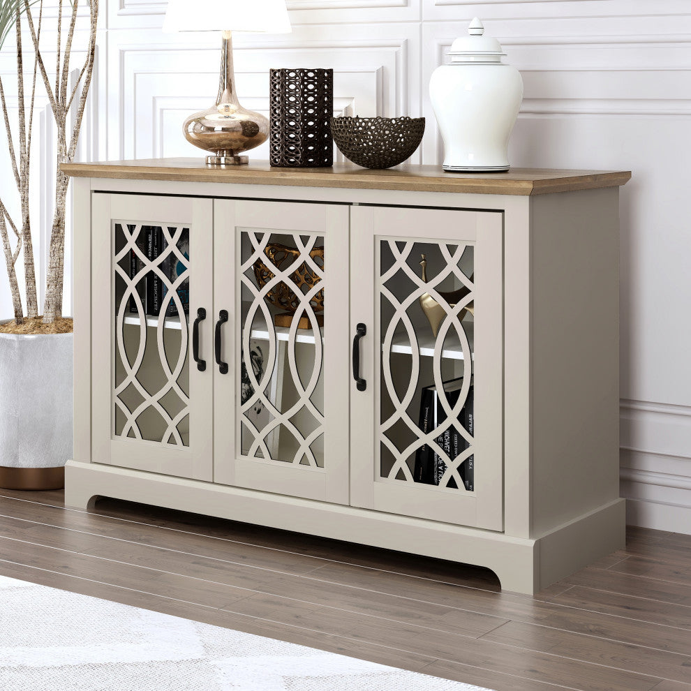 Raccon Wood 45.7 in. 3 Doors Sideboard with Adjustable Shelves, Ivory With Knotty Oak