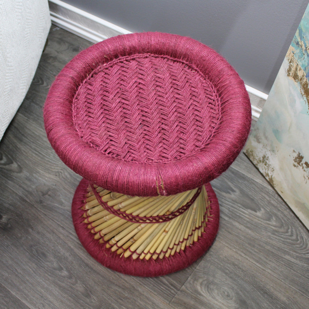 Natural Geo Moray Decorative Handwoven Jute Accent Stool, Maroon