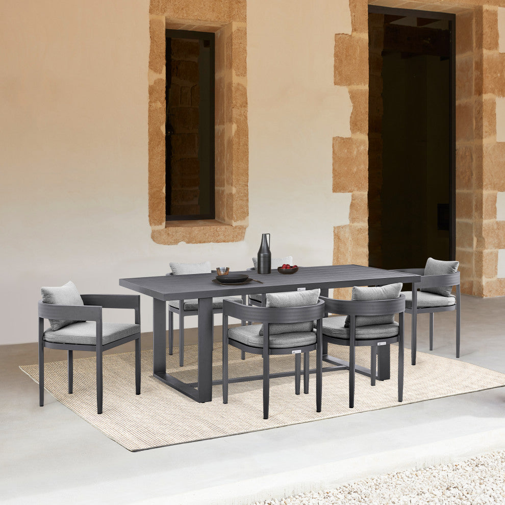 Argiope Outdoor Patio 7-Piece Dining Table Set, Aluminum With Gray Cushions