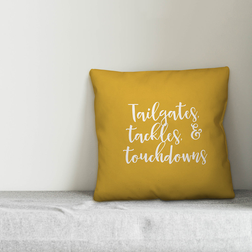 Tailgates, Tackles, & Touchdowns in Mustard 18x18 Throw Pillow Cover
