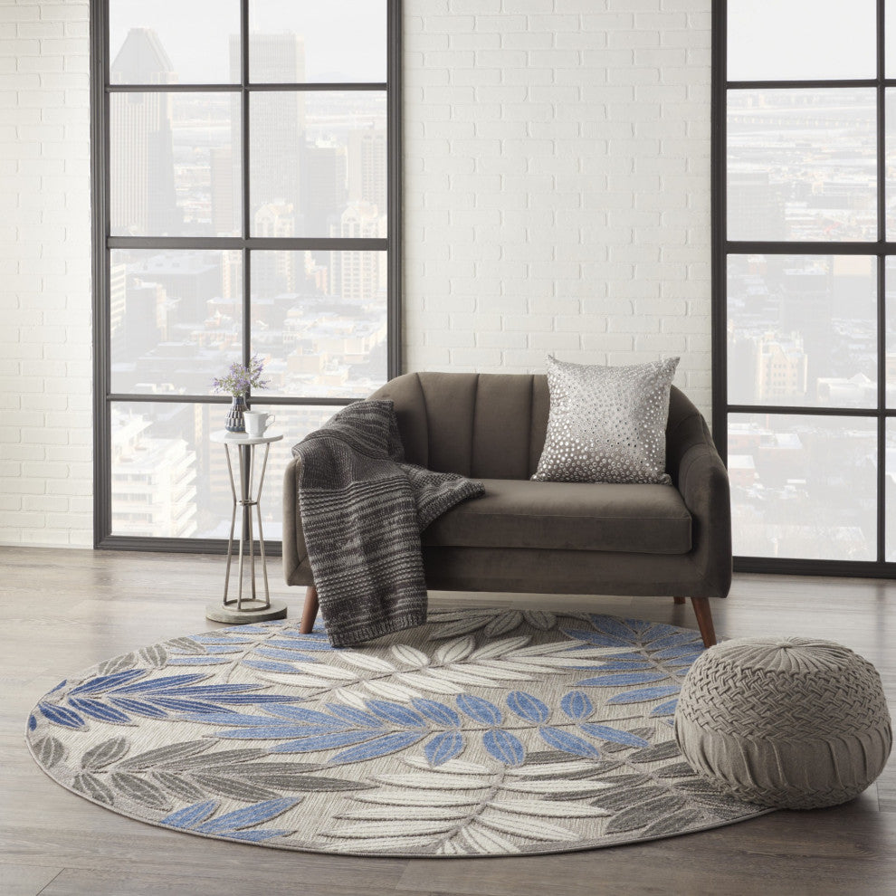 8 Round Gray and Blue Leaves Indoor Outdoor Area Rug