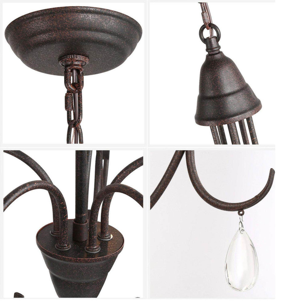 5-Light Transitional Rust Metal, Crystal Drops Chandeliers Lighting