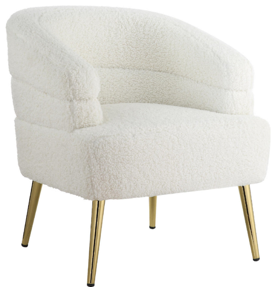 Benzara BM269066 Accent Chair With Textured Fabric and Curved Back, White & Gold
