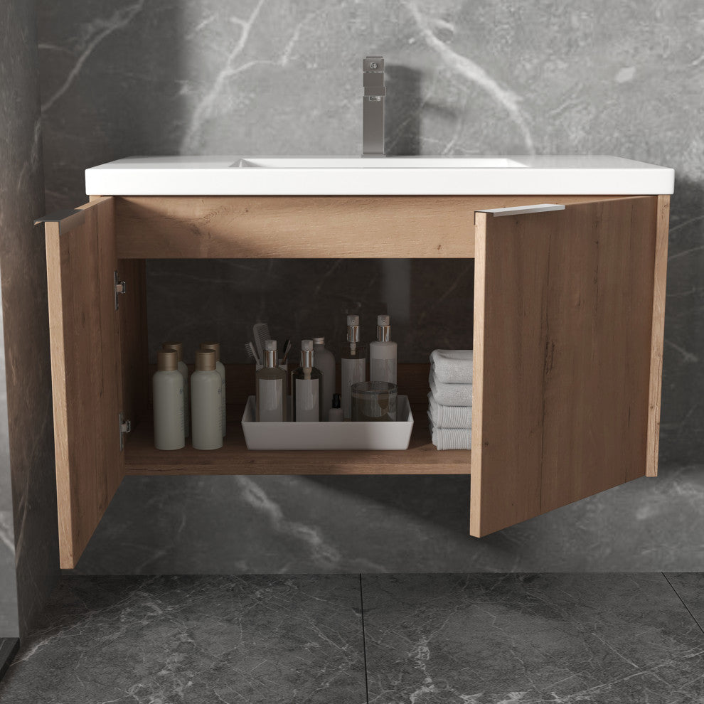 Bath Vanity Set, Imitative Oak, Resin Vanity Top, White, White Basin