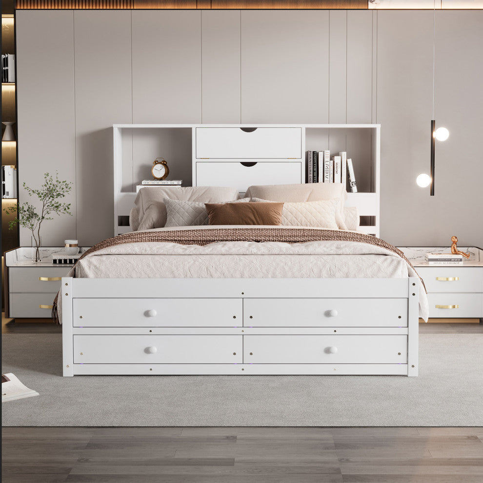 Gewnee win Size Wood Platform Bed with House-shaped Headboard in White