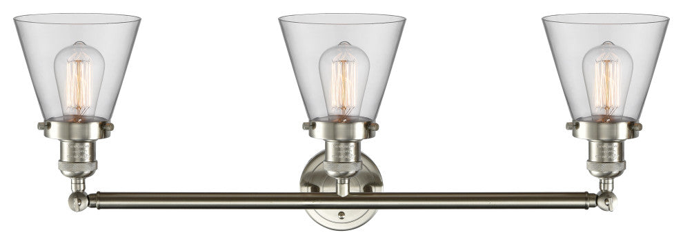 Small Cone 3-Light Bath Fixture, Clear Glass, Satin Brush Nickel