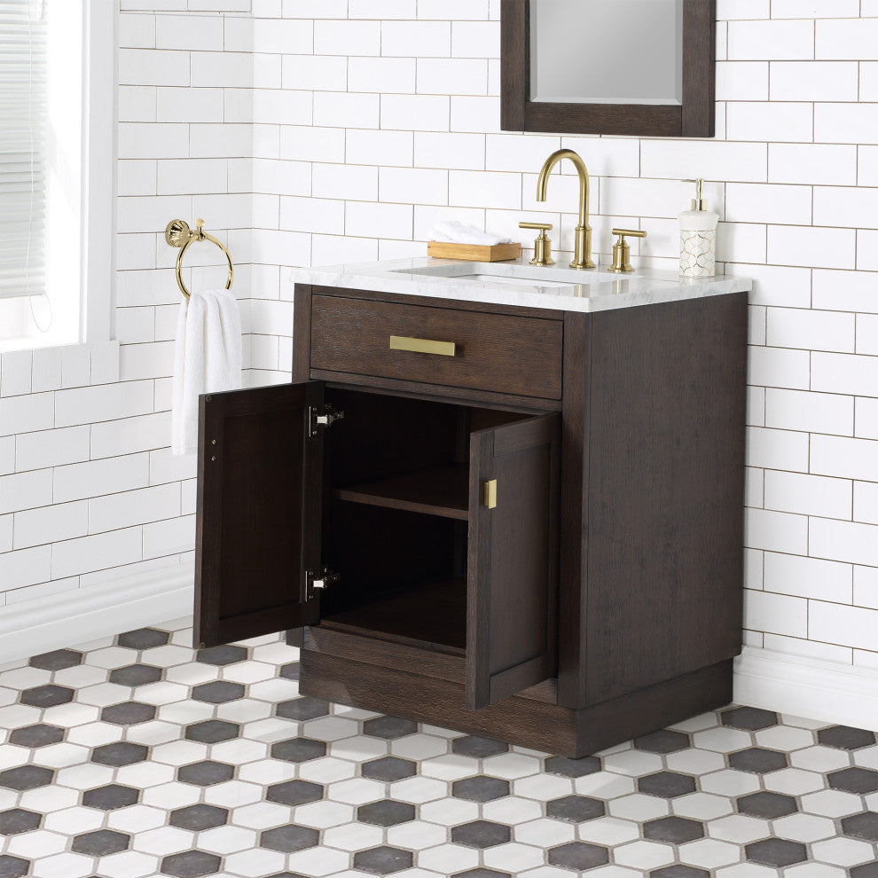 Chestnut 30" Bath Vanity, Brown Oak, Mirror, Satin Gold Hardware