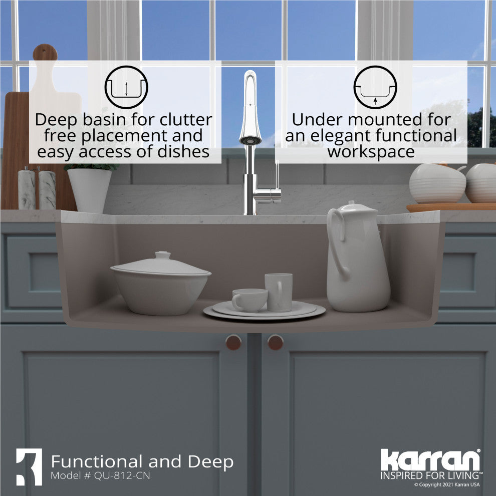 Karran QU-812 Undermount 32.5" Single Bowl Quartz Kitchen Sink, Concrete