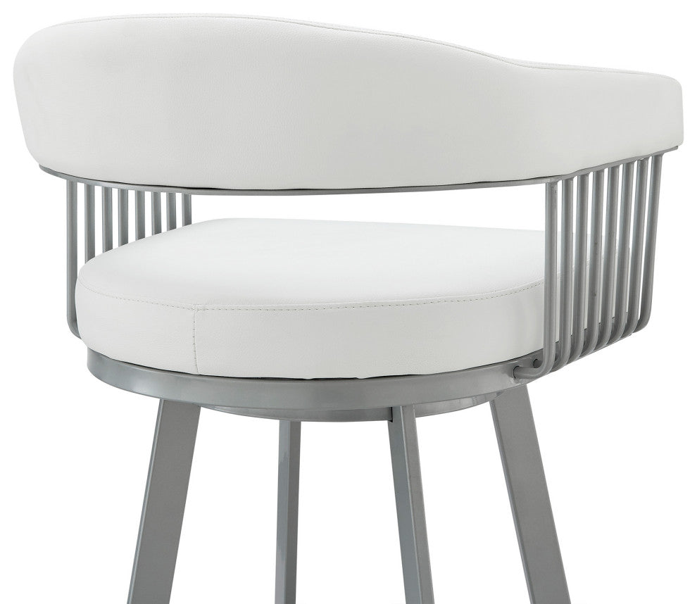 30" Mod White Faux Leather Silver Finish Swivel Bar Stool
