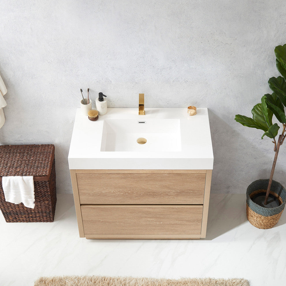 Huesca Bath Vanity, Integrated Sink Top, North American Oak, 36", Without Mirror