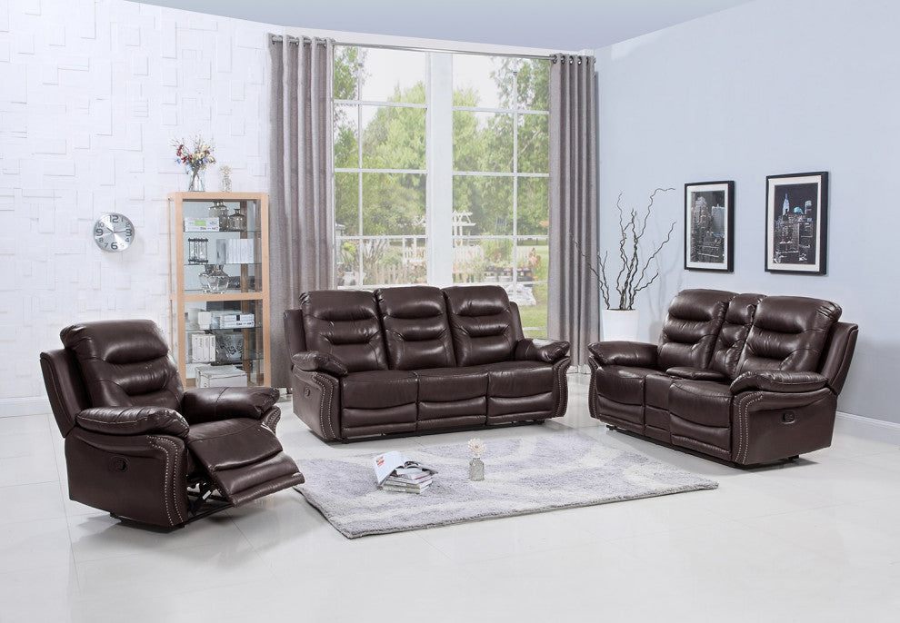 132" Comfortable Brown FauxLeather Sofa Set With a Console Loveseat