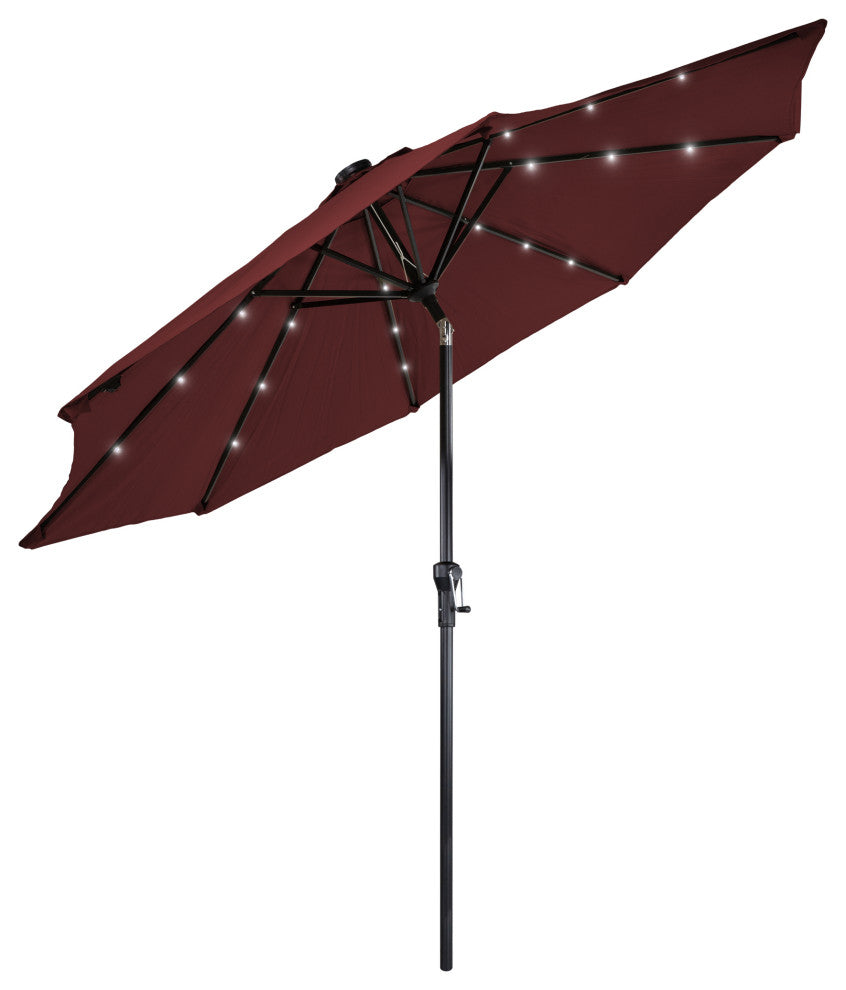 9ft Solar Lighted Outdoor Patio Umbrella With Hand Crank and Tilt Burgundy