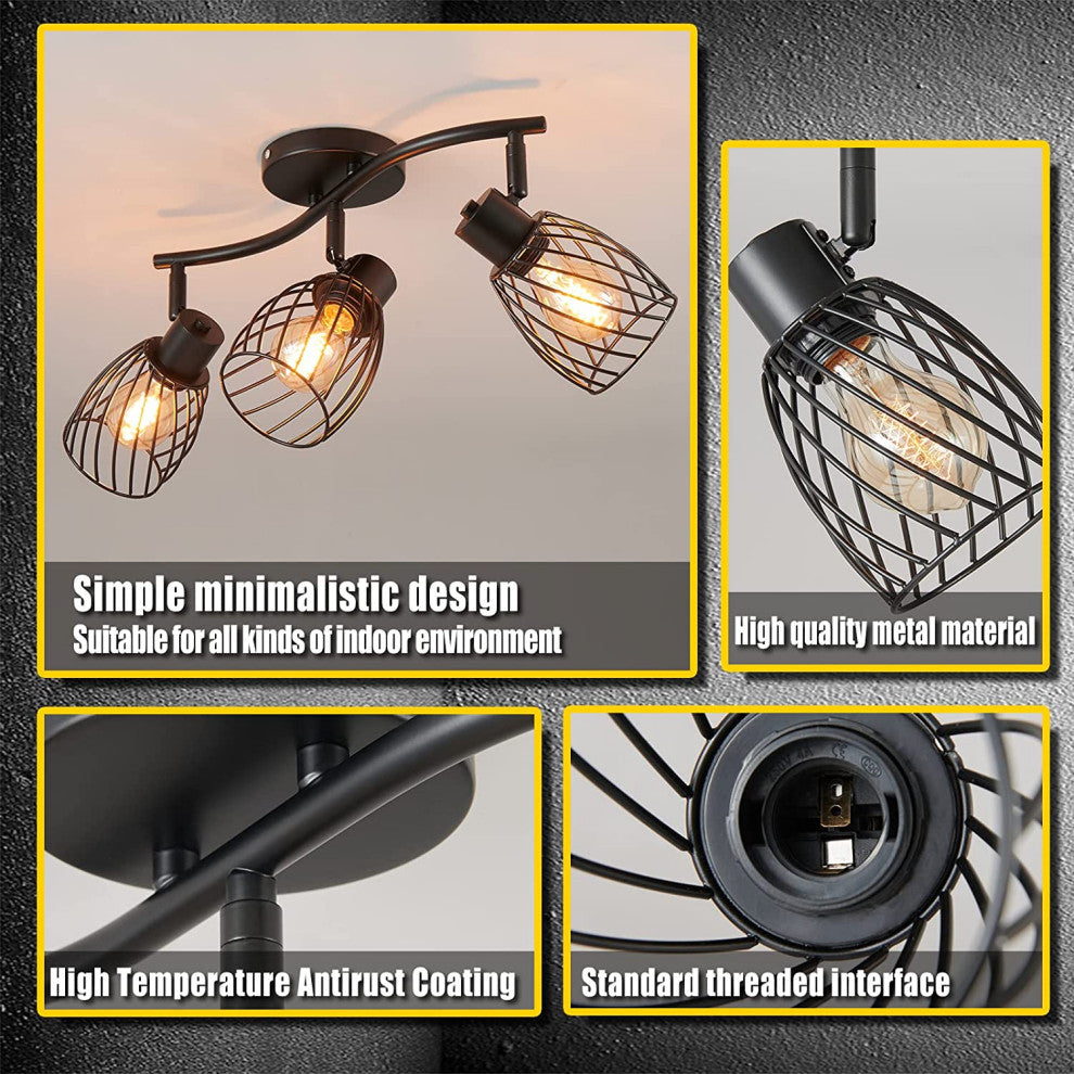 3 Light Semi Flush Mount, Farmhouse, Vintage, Cage, Black