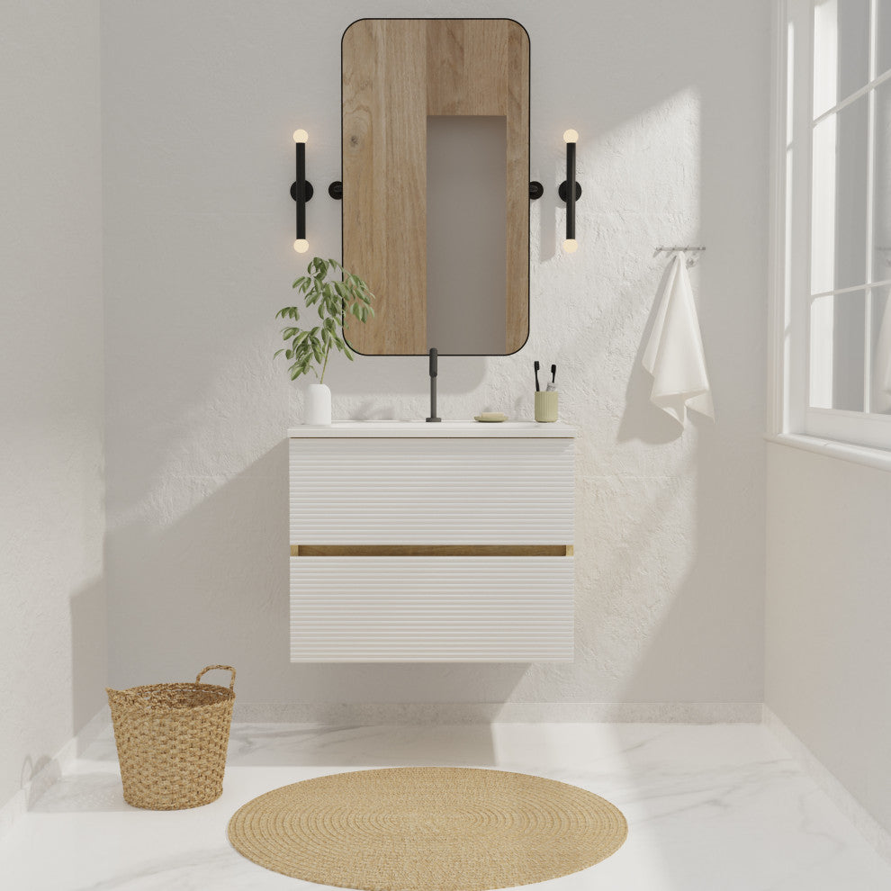 Wall-Mounted Bathroom Vanity Set with Integrated Ceramic Sink, White, 24"