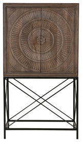 Albert Solid Wood Wine Cabinet with 2 Hand-Carved Doors in Brown