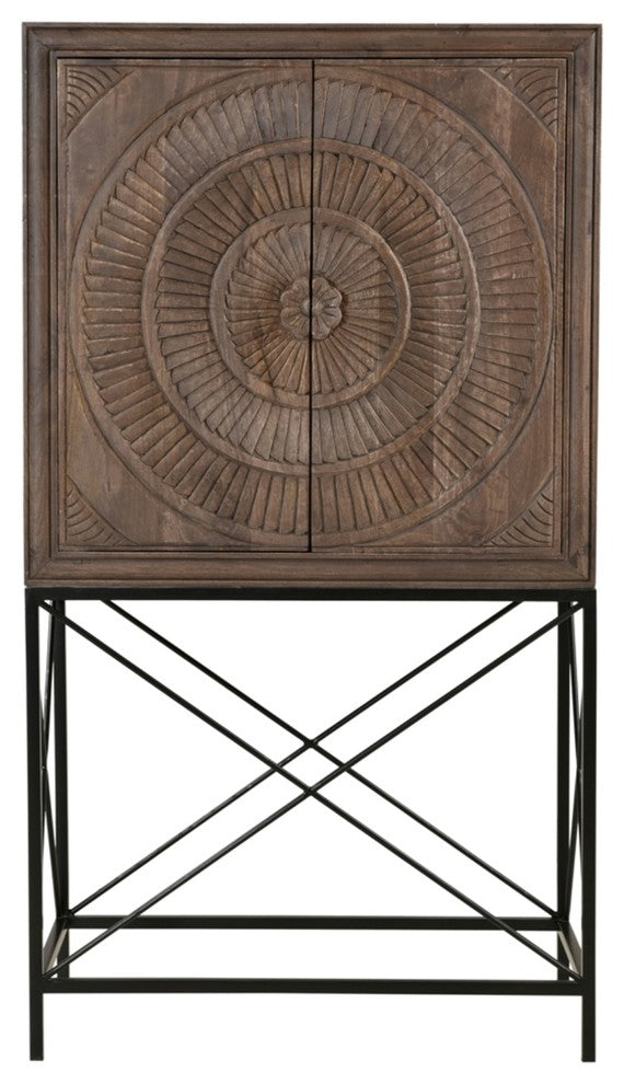 Albert Solid Wood Wine Cabinet with 2 Hand-Carved Doors in Brown