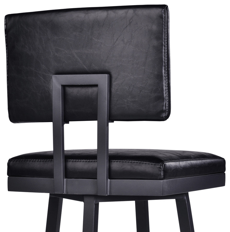 26" Vintage Black on Black Faux Leather Rectangular Swivel Armless Bar Stool