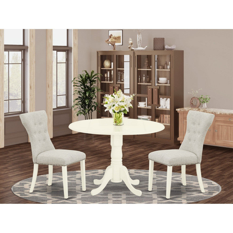 3Pc Round Dinette Set, Wood Table, 2 Chairs, Doeskin Chairs Seat, Linen White