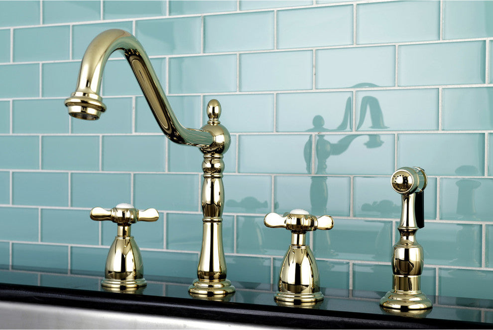Widespread Kitchen Faucet, Brass Sprayer, Polished Brass