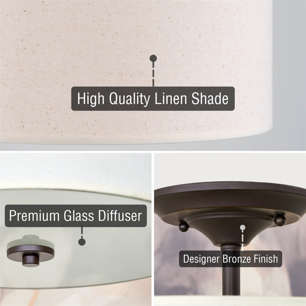 Kira Home Addison 13" Ceiling Light, Off-White Fabric Drum Shade, Bronze