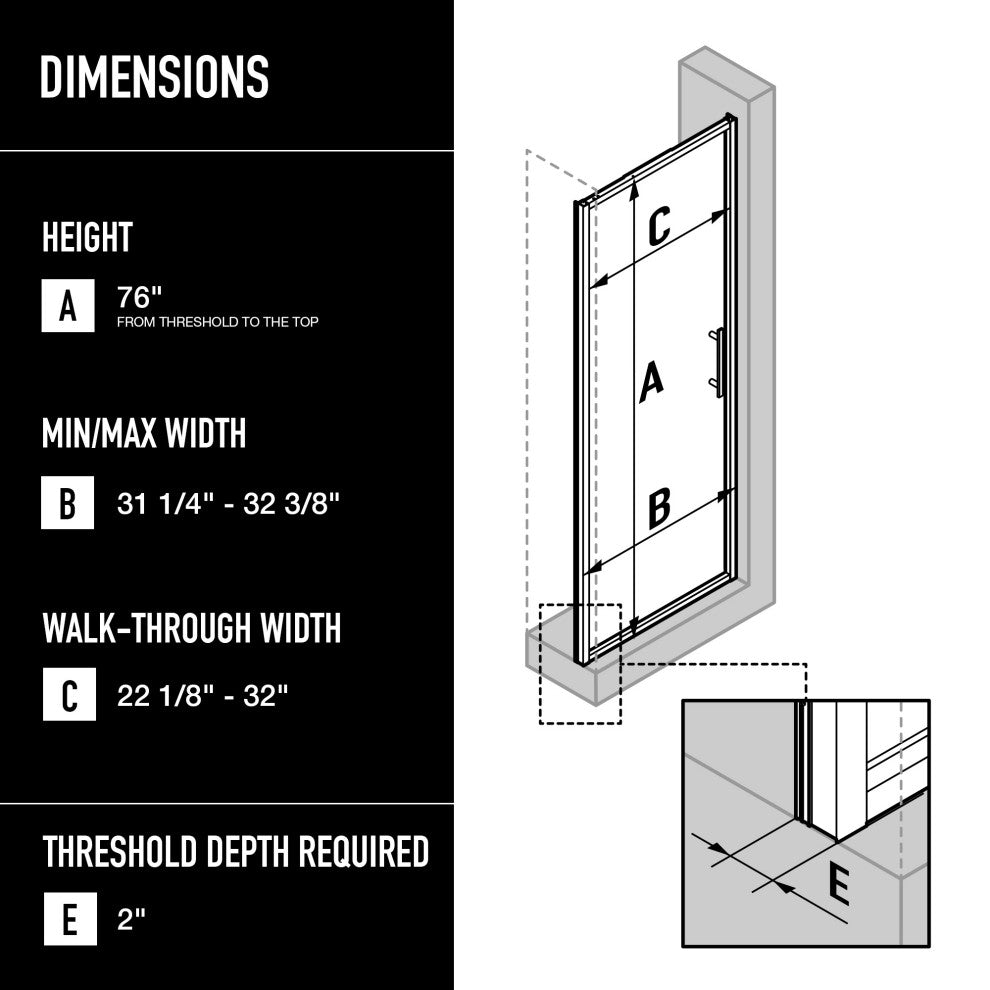 VIGO Astoria Framed Pivot Shower Door, Black, 32" W X 76" H, Clear Glass