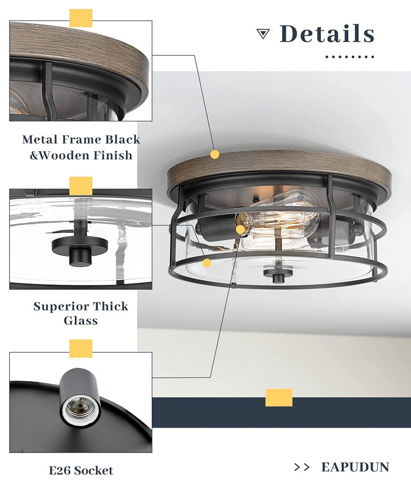 2 Light Flush Mount Ceiling Light Fixture, Farmhouse, Vintage