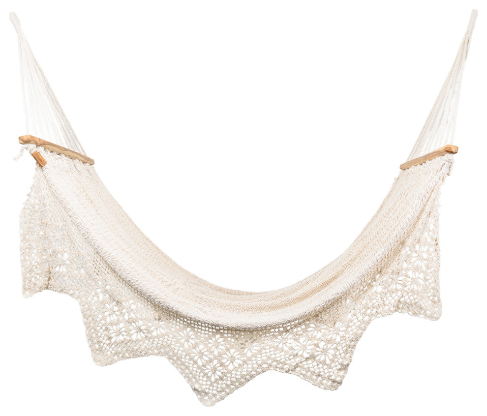 Boho Natural Cotton Hammock With Geometric Fringe, Wooden Bar