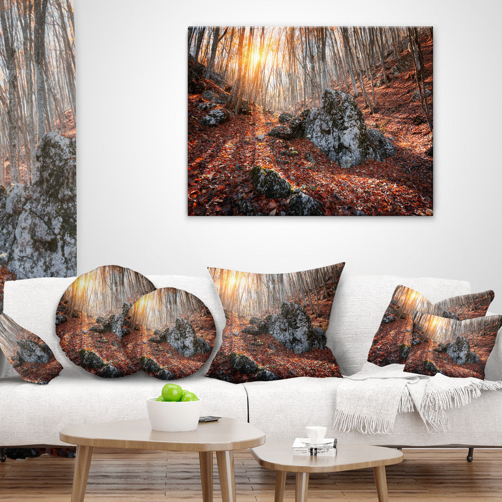 Rocky Red Autumn Forest Landscape Photography Throw Pillow, 18"x18"