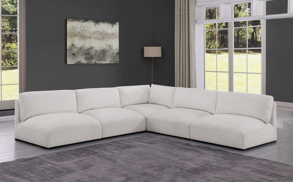 Ease Fabric Upholstered L-Shaped Modular Sectional, Cream, 5 Piece: 1 Corner, 4 Armless