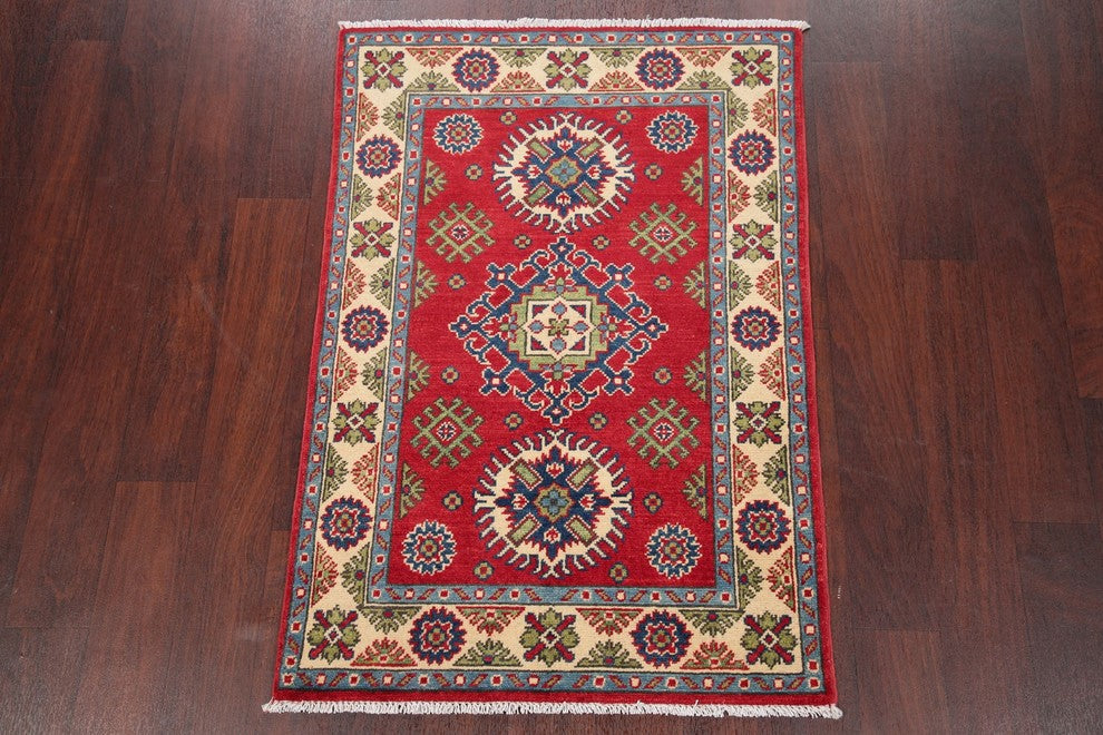 Pakistani Hand-Knotted Oriental Traditional Kazak Wool Area Rug, Red, 3'11"X2'8"