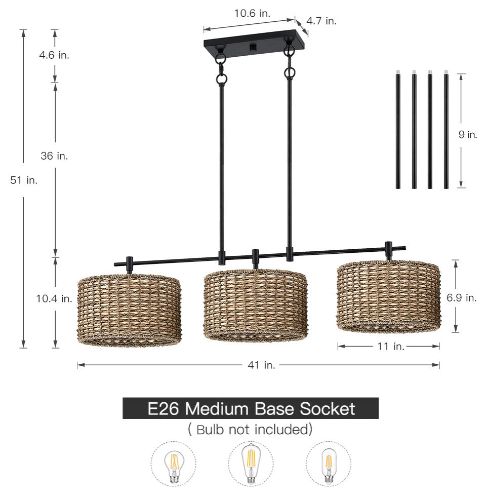 41"W 3-Light Black Farmhouse Rattan Island Light Linear Chandelier