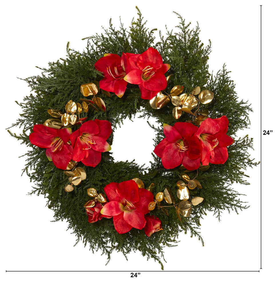24" Cedar, Amaryllis and Metallic Eucalyptus Artificial Wreath