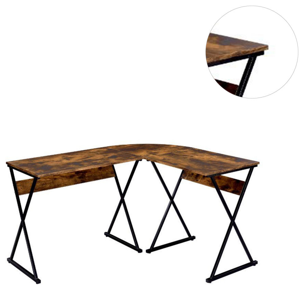 Wooden L-Shaped Top Writing Desk, Weathered Oak