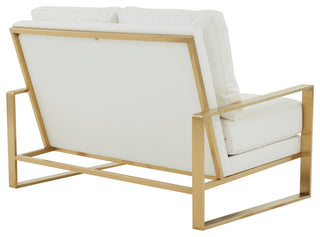 LeisureMod Jefferson Leather Modern Design Loveseat With Gold Frame, White