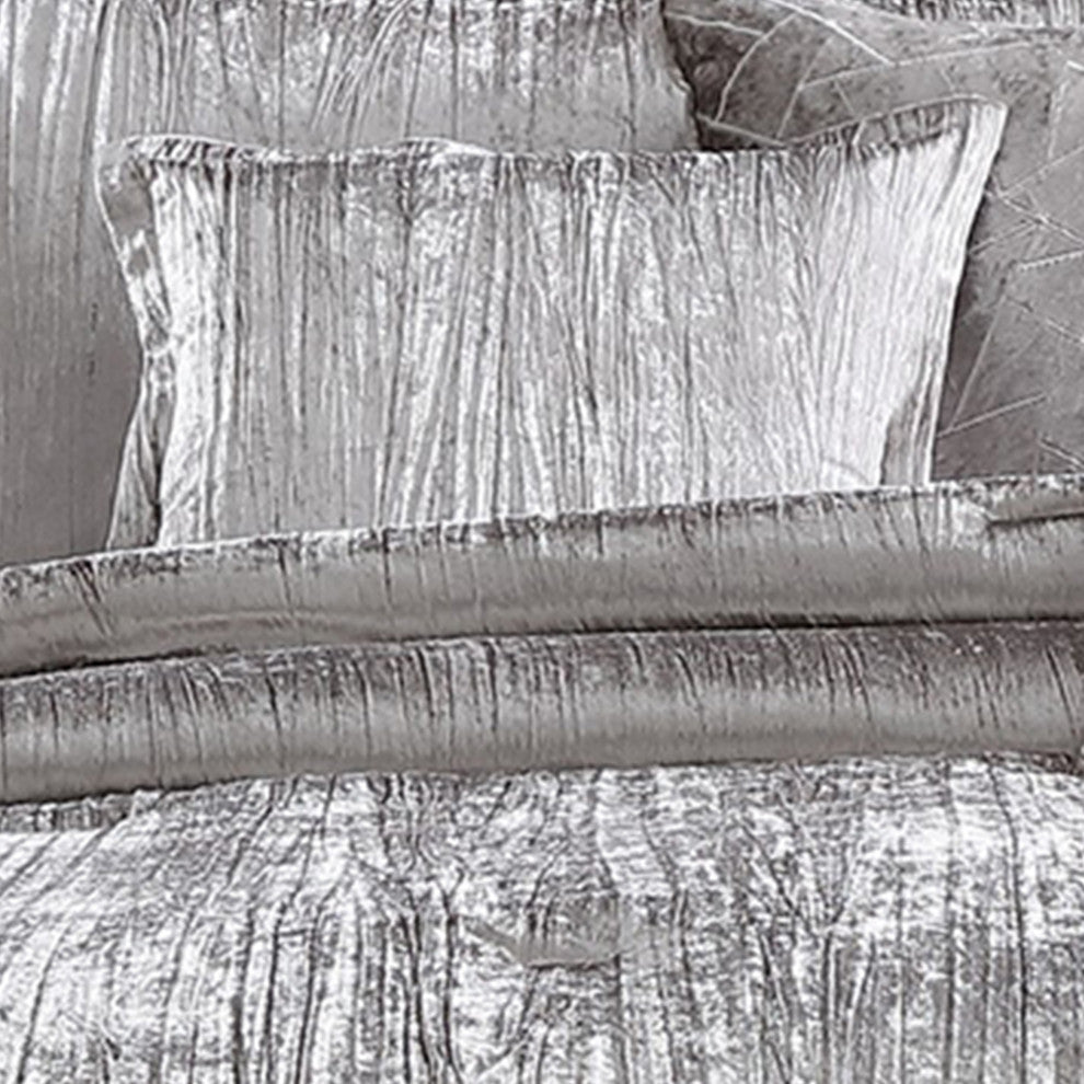 Benzara BM225206 Queen Size 7 Piece Fabric Crinkle Texture Comforter Set ,Silver
