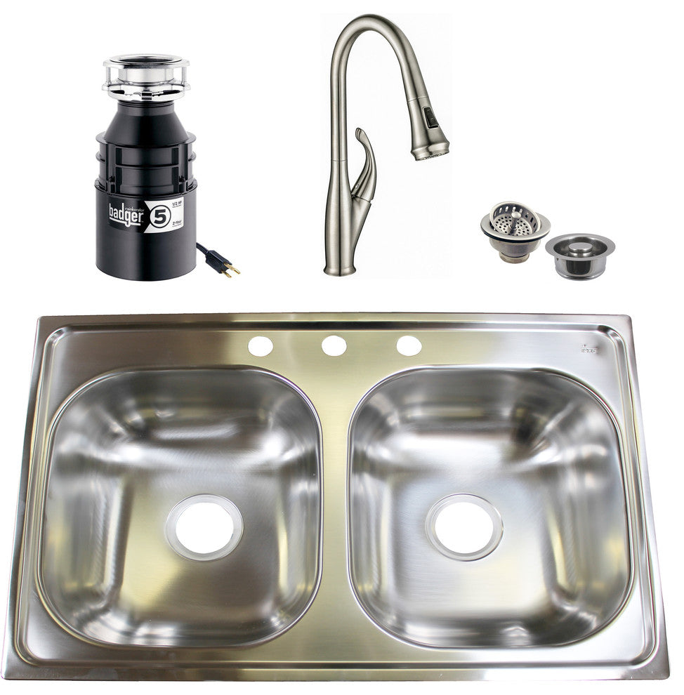 33" Stainless Steel 50/50 Double Bowl Kitchen Sink and Faucet Set