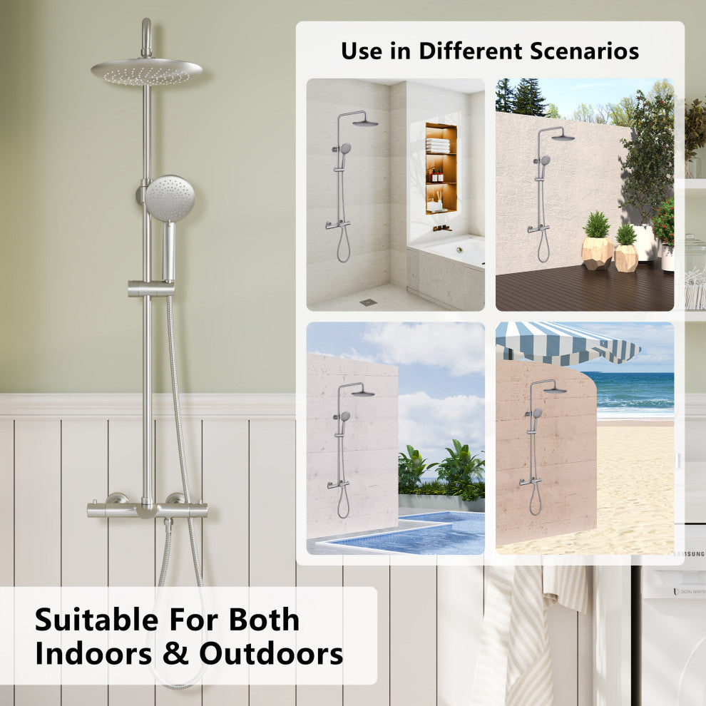 Thermostatic Round Shower Faucet Dual Head Waterfall Shower Bar System, Brushed Nickle